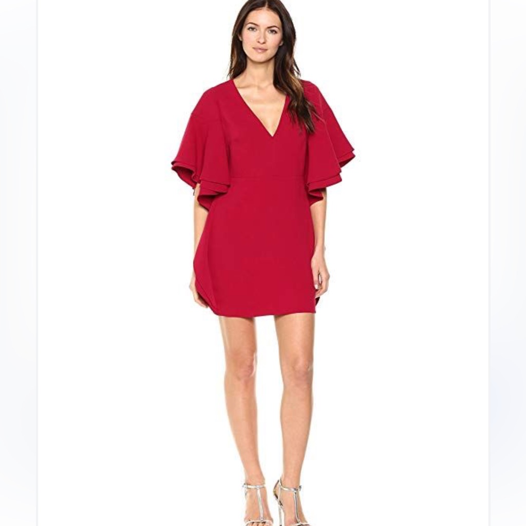 Halston Heritage V-Neck Draped Ruffle Sleeve Red Mini Cocktail Dress